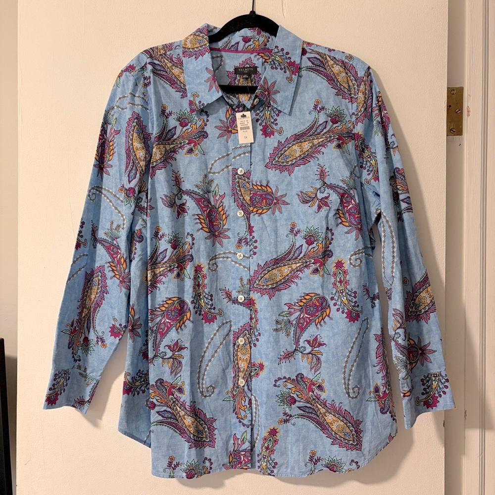 Talbots Shirt Womens Sz 1X‎ Blue Paisley Button Front Top Colorful Cotton